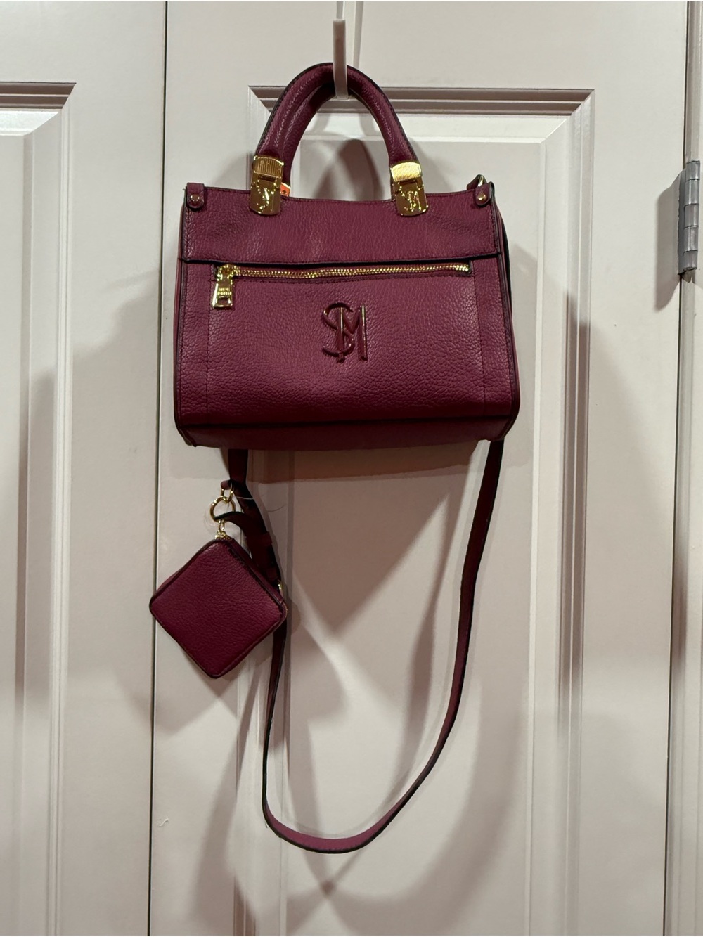 Steve Madden Burgundy Pebbled Leather Crossbody Satchel with Gold Hardware